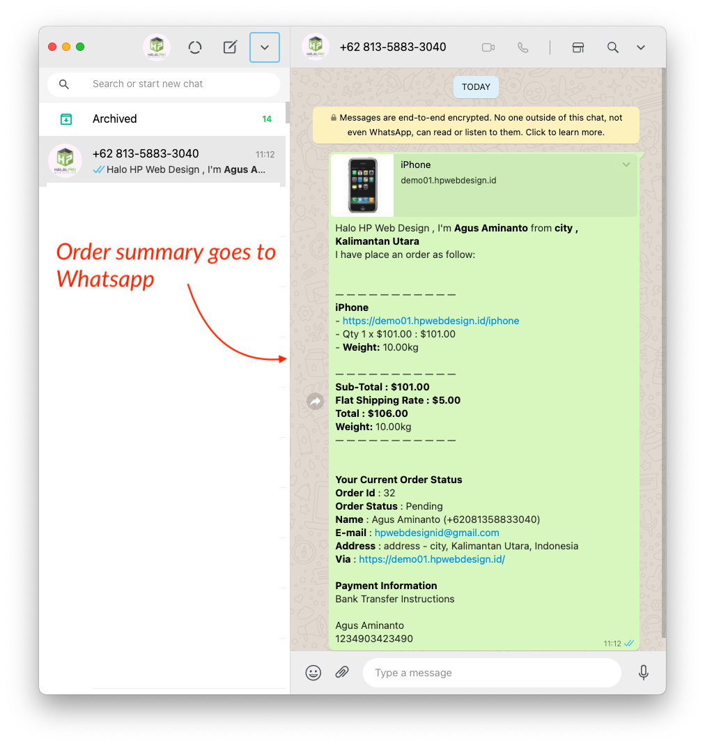 order summary goest to whatsapp